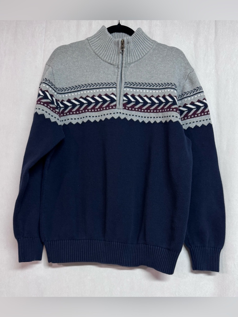 Men's Navy and Light Gray Half-Zip Fair Isle Sweater XL - Picture 2 of 4